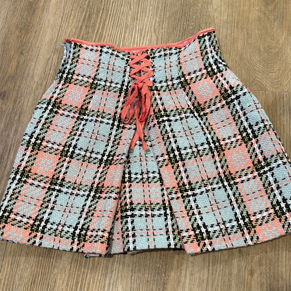 Snidel Plaid Lace-Up Skirt - light blue Pink and Black size 0